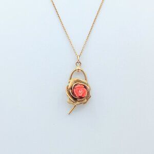 Vintage 12KT Gold Fill Coral Gemstone Rose Pendant Necklace - SIGNED
